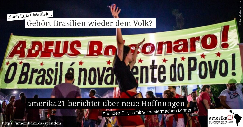 Spendenaufruf mit Bild von einem Transparent mit der Aufschrift "Brasilien gehört wieder dem Volk" (übersetzt). Text dazu: "Gehört Brasilien wieder dem Volk?" - amerika21 berichtet über neue Hoffnungen