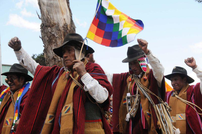 Erhobene Fäuste und die Fahne des indigenen Widerstands