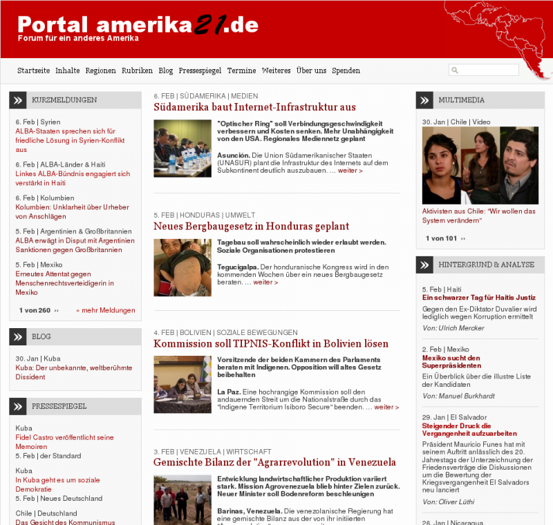 Bildschirmkopie der Startseite von amerika21.de