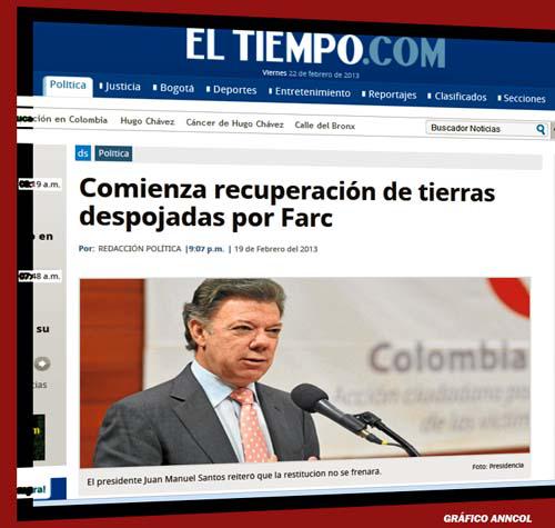 El Tiempo titelt: "Die Rückgabe des von den FARC geraubten Landes beginnt"