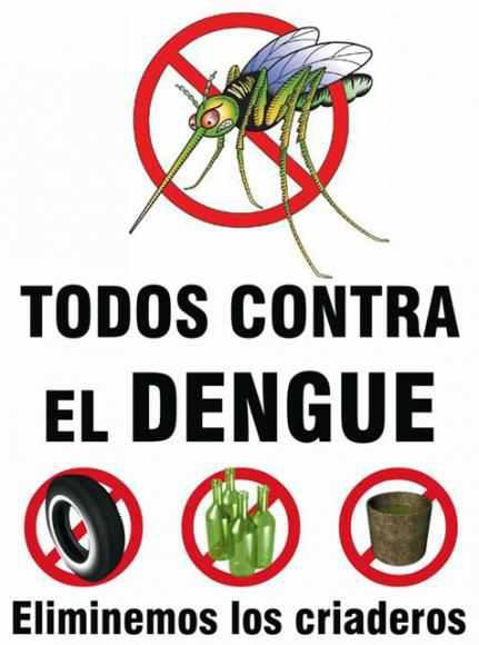 Kampagnenplakat gegen Dengue in Ecuador. Die Brut der Überträger-Stechmücke braucht zur Entwicklung nur kleine Wasseransammlungen