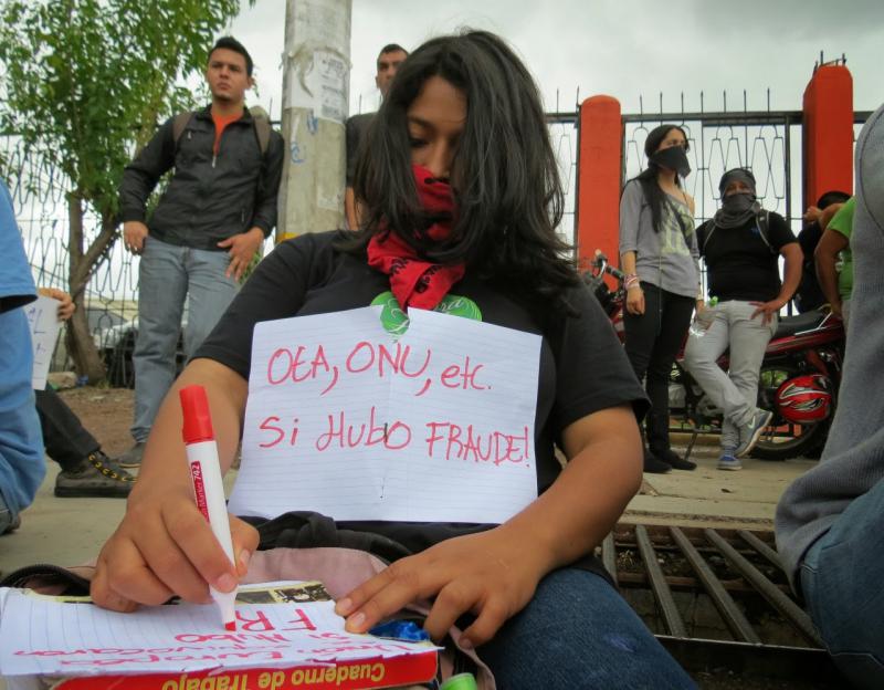 Demonstrantin mit Schild "OAS, UNO - es gab Wahlbetrug"