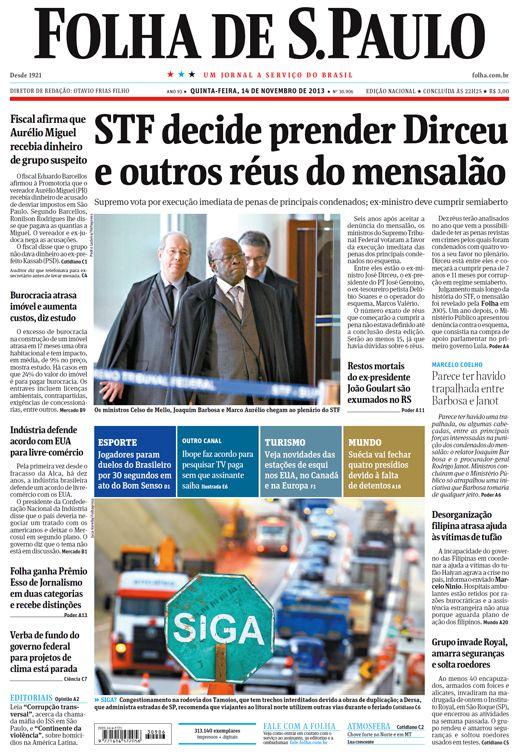 Titelblatt vom 14.10.2013: "Oberstes Gericht beschließt Festnahme von Dirceu und anderen Angeklagten im Mensalão-Fall"