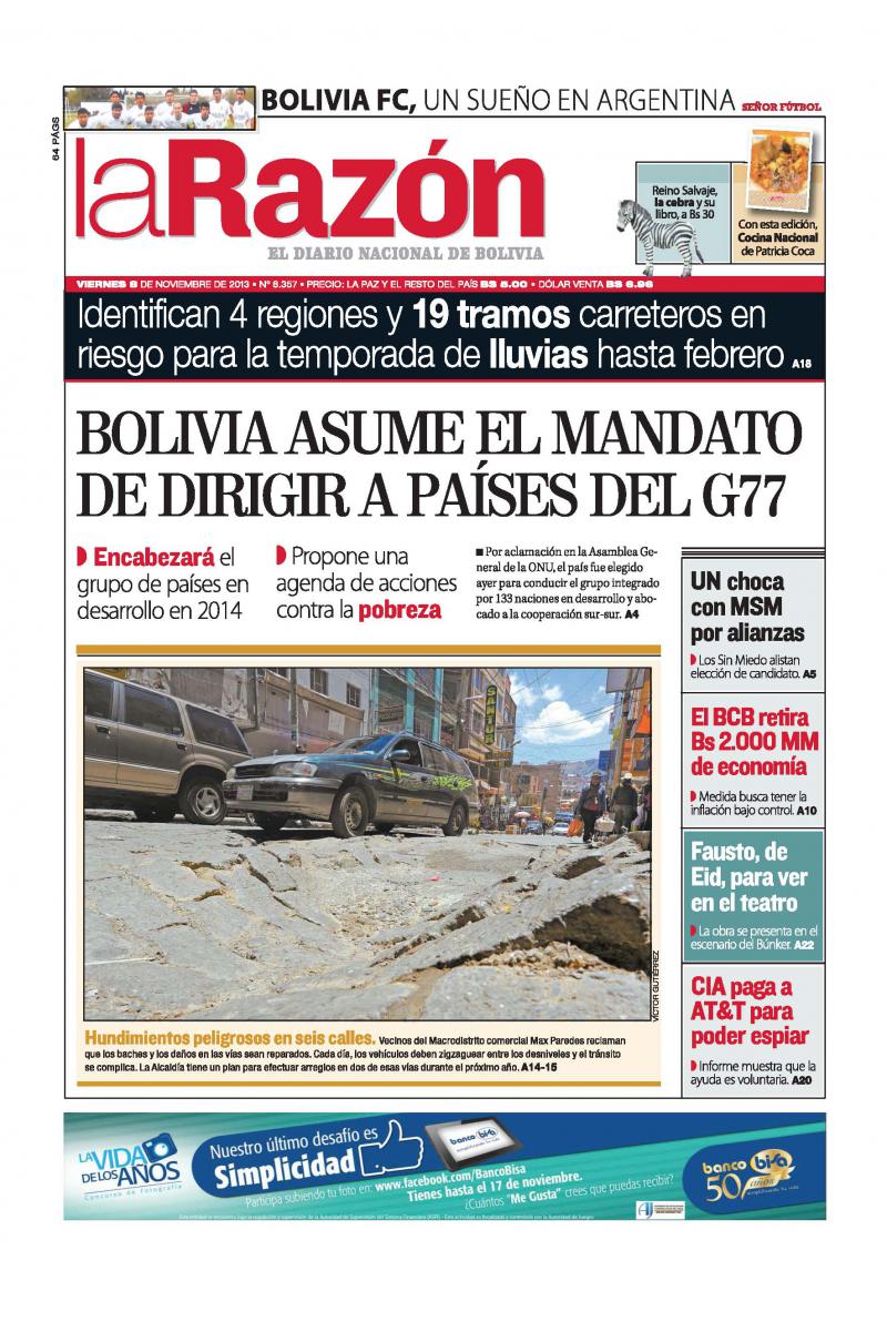 Titelbild der Tageszeitung La Razón: "Bolivien übernimmt Mandat zur Führung der G77-Länder"