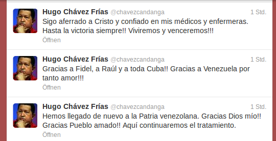 Präsident Chávez meldet sich via Twitter