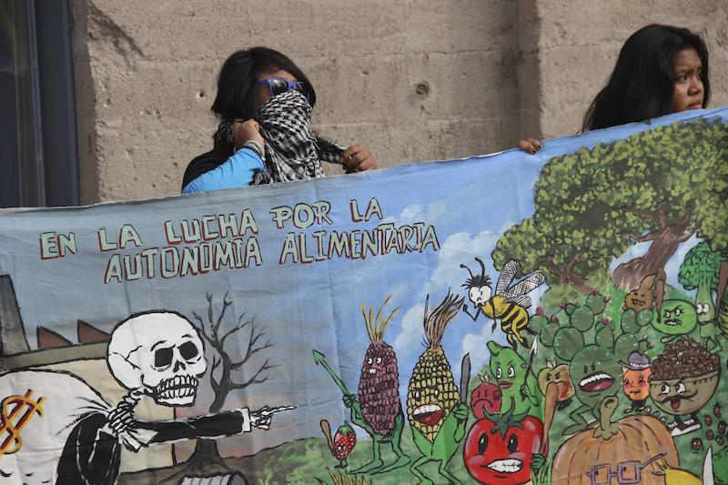 Protest gegen Monsanto in Campeche. Schriftzug auf dem Transparent: "Im Kampf für die Nahrungsautonomie"