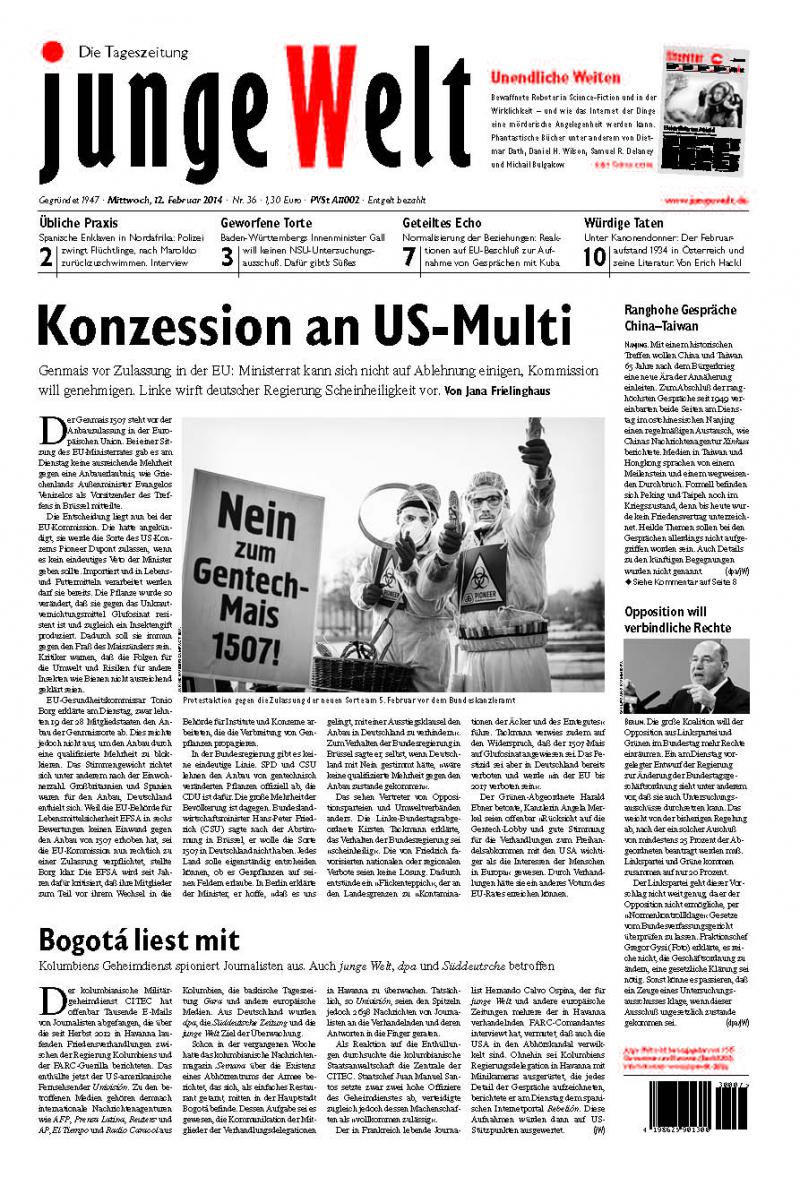 "Bogotá liest mit" Titelblatt der Tageszeitung Junge Welt vom 12. Februar 2014