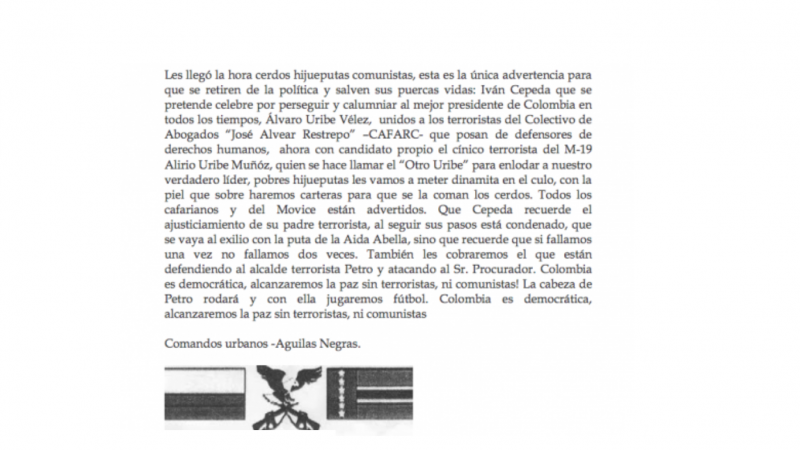 An Iván Cepeda und das Anwaltskollektiv Alvear Restrepo adressierte Drohmail der paramilitärischen Gruppe Águilas Negras