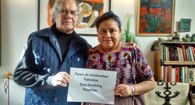 Die Friendensnobelpreisträger Adolfo Pérez Esquivel aus Argentinien und Rigoberta Menchú aus Guatemala fordern das sofortige Ende der israelischen Bombardements