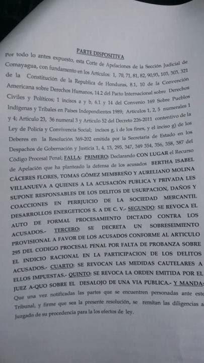 Ein neues Urteil führte zur vorübergehenden Aufhebung der Untersuchungshaft gegen Bertha Cáceres, der Generalkoordinatorin von COPINH