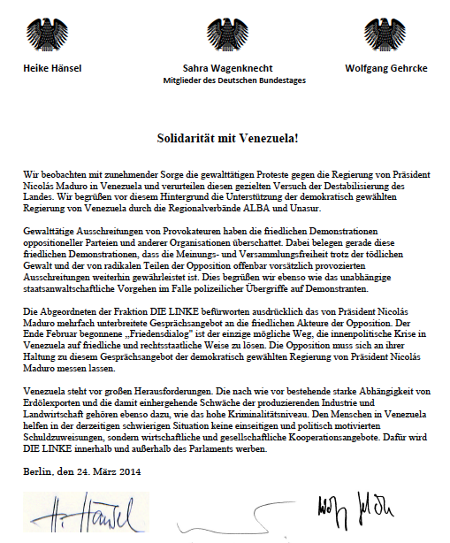 In einer Erklärung vom 24. März beziehen Bundestagsabgeordnete Stellung zu den Ereignissen in Venezuela