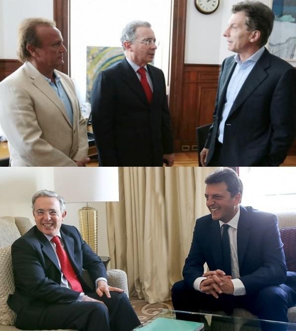 Álvaro Uribe mit dem Abgeordneten Miguel del Sel (links)  und dem Bürgermeister von Buenos Aires, Mauricio Macri (oben) sowie mit dem Abgeordneten Sergio Massa (unten)