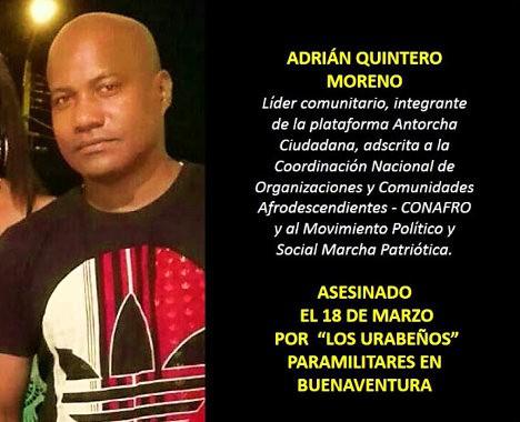 Wurde am 18. März 2016 von Paramilitärs ermordet: Adrián Quintero Moreno, Gemeindeaktivist und Mitglied von Marcha Patriótica
