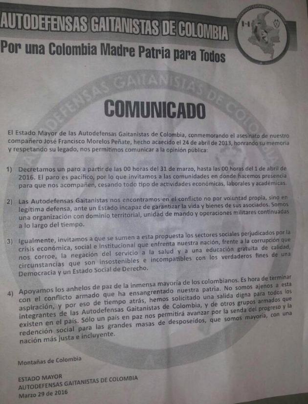 Ankündigung des bewaffneten Streiks durch die "Gaitán-Selbstverteidigungsgruppen Kolumbiens" (AGC)