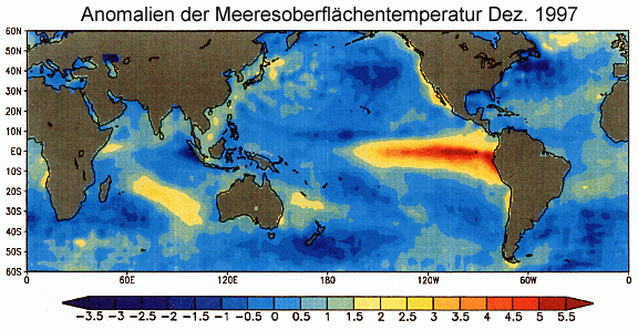 Anomalie der Temperatur der Meeresoberfläche, beobachtet im Dezember 1997 während eines starken El Niño