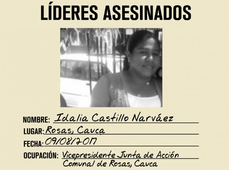 Wurde ermordet: IIdalia Castillo Narváez, Mitglied der Organisation für Opferbelange und Vorstand des Rates für gemeinschaftliche Aktionen des Dorfes Bella Vista im Verwaltungsbezirk Cauca, Kolumbien