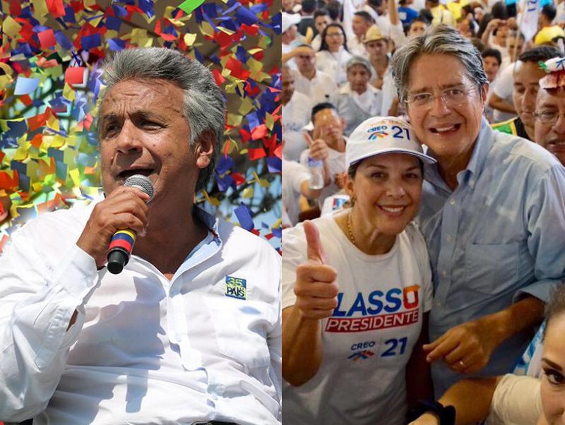 Leinín Moreno (links) und Guillermo Lasso (rechts, mit Ehefrau) treten am Sonntag in Ecuador bei der Stichwahl für das Präsidentenamt an