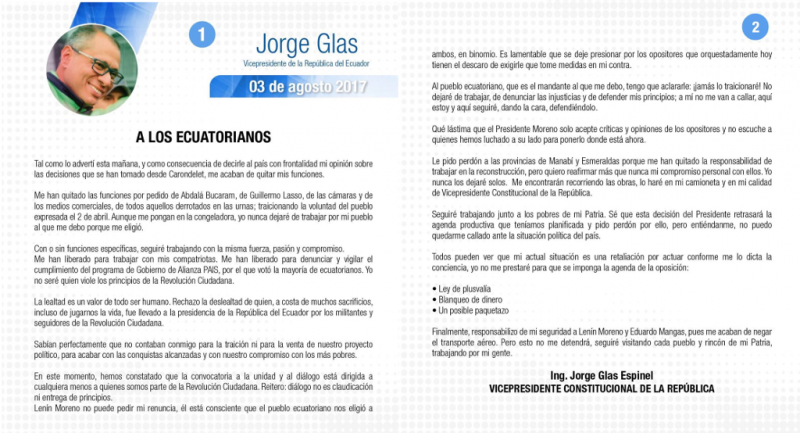 Offener Brief des Vizepräsidenten von Ecuador, Jorge Glas