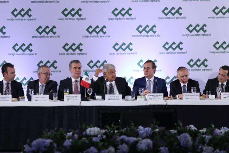 Mexikos neuer Präsident mit Vertretern des Unternehmerverbandes drei Tage nach dem Wahlsieg vom 1. Juli