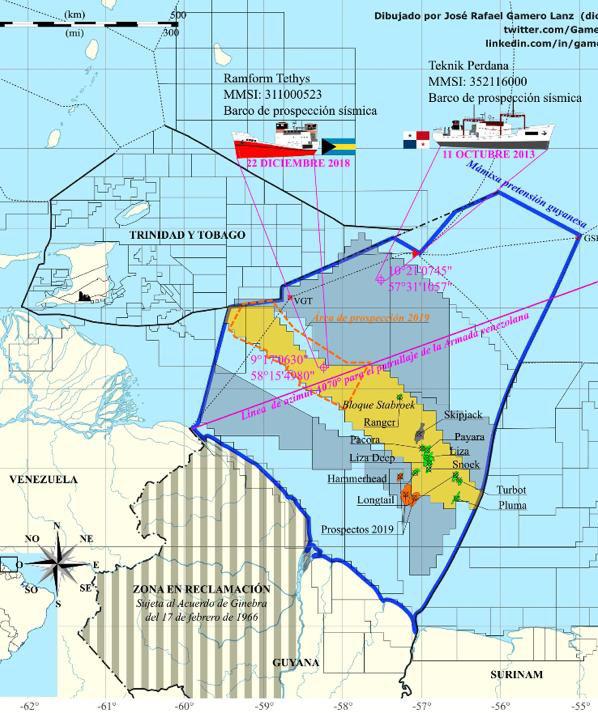 Mit den Angaben der Längen- und Breitengrade der Position der Exxon-Schiffe und der Projektion des Orinoco-Deltas wehrt sich Venezuela gegen den Vorwurf der Aggression