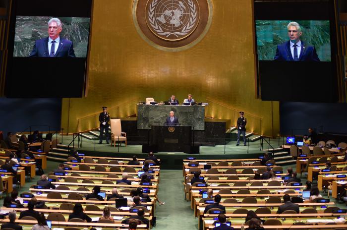 Der Präsident des Staats- und des Ministerrats der Republik Kuba, Miguel Díaz-Canel, bei seiner ersten Rede vor der UN-Generalversammlung am Mittwoch in New York