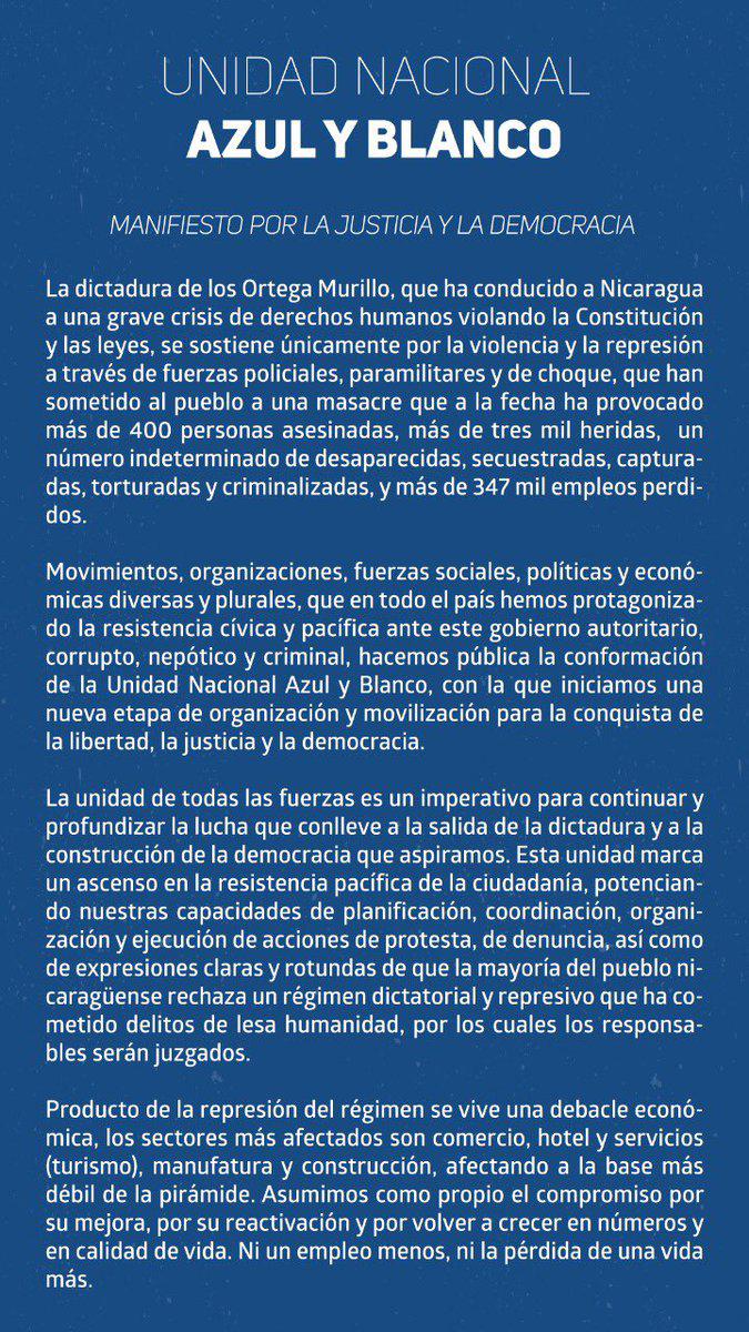 Manifest zur "Nationalen blau-weißen Einheit" der Opposition in Nicaragua
