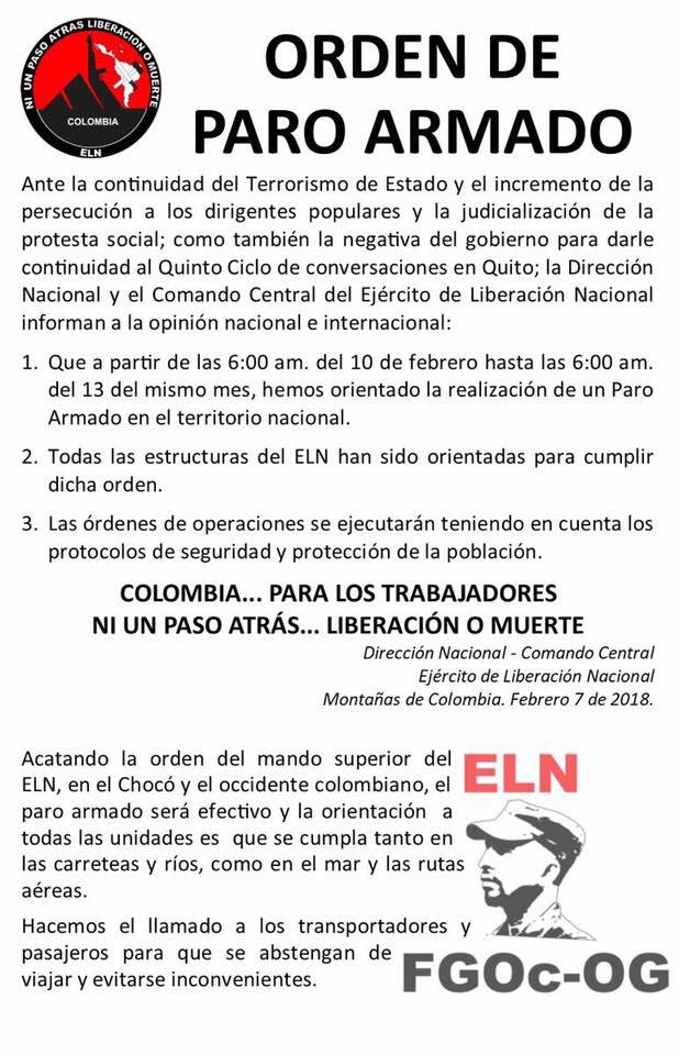 Dieses Schreiben der ELN zirkuliert in Kolumbien