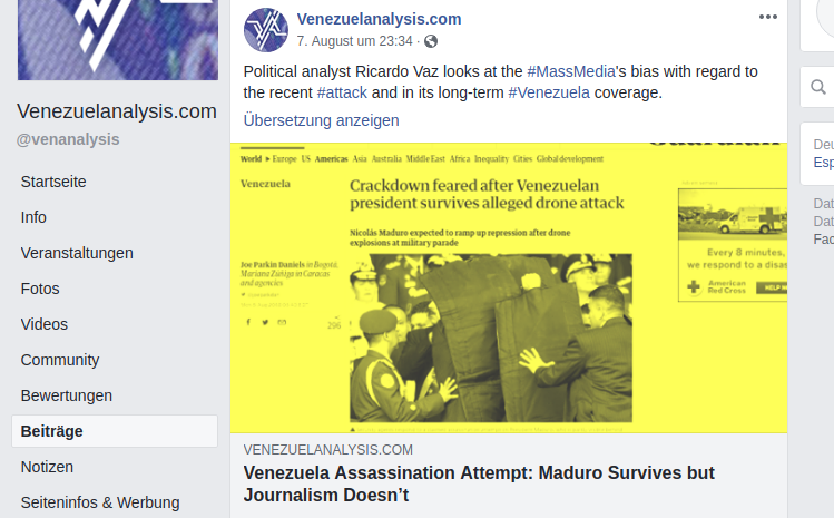 Bei Venezuelaanalysis: "Mordversuch in Venezuela: Maduro hat  überlebt, aber der Journalismus nicht"
