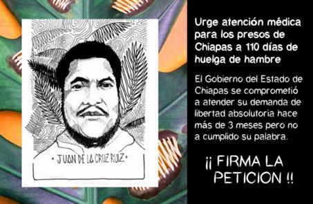 Aufruf, die Petition zur Freilassung zu unterzeichnen. Das Bild zeigt Juan de la Cruz Ruiz, einen der Streikenden