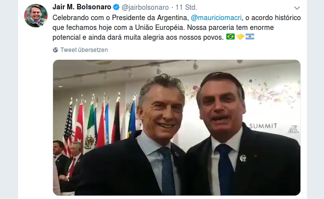 Die Staatschefs von Argentinien, Macri, und Brasilien, Bolsonaro, feiern in Osaka gemeinsam das Freihandelsabkommen mit der EU