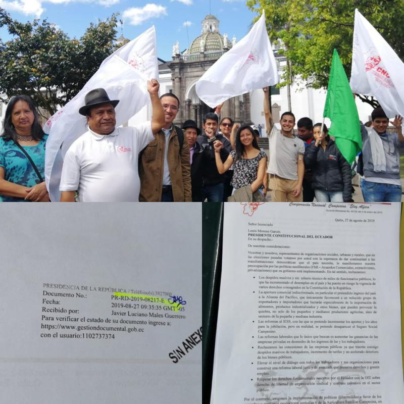 Die Bauernkoordination Ecuadors demonstrierte auch in Quito vor dem Präsidentenpalast und übergab ein Protestschreiben an Moreno