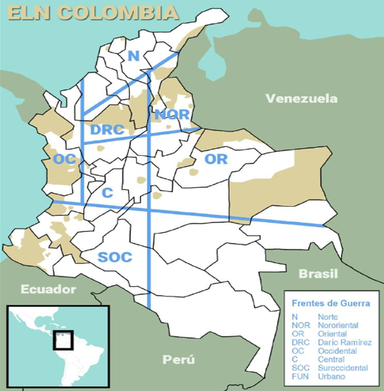 Nach eigenen Angaben ist die ELN in den markierten Gebieten aktiv. In vielen der Regionen waren auch Farc-EP Einheiten aktiv.