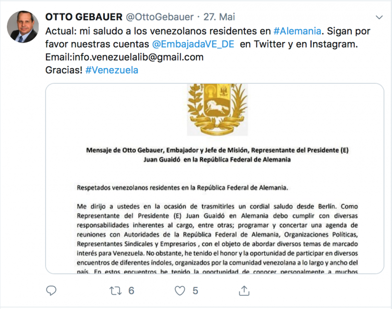 Im Netz bot Gebauer seinen Landleuten aus Venezuela konsularische Dienste an