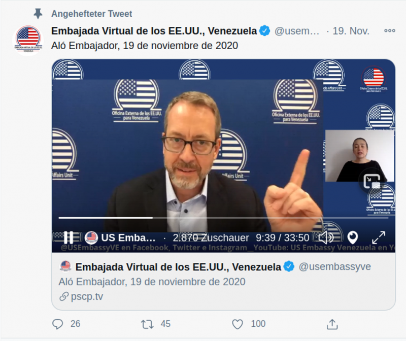 James Story wendet sich regelmäßig aus seiner "virtuellen Botschaft" über Twitter an die Bevölkerung in Venezuela