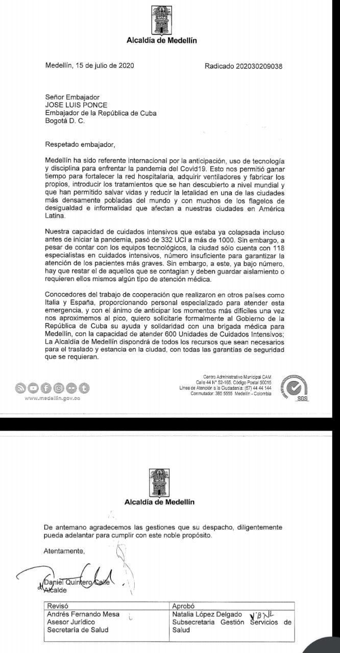 Brief des Bürgermeistern von Medellín an die Botschaft von Kuba in Kolumbien
