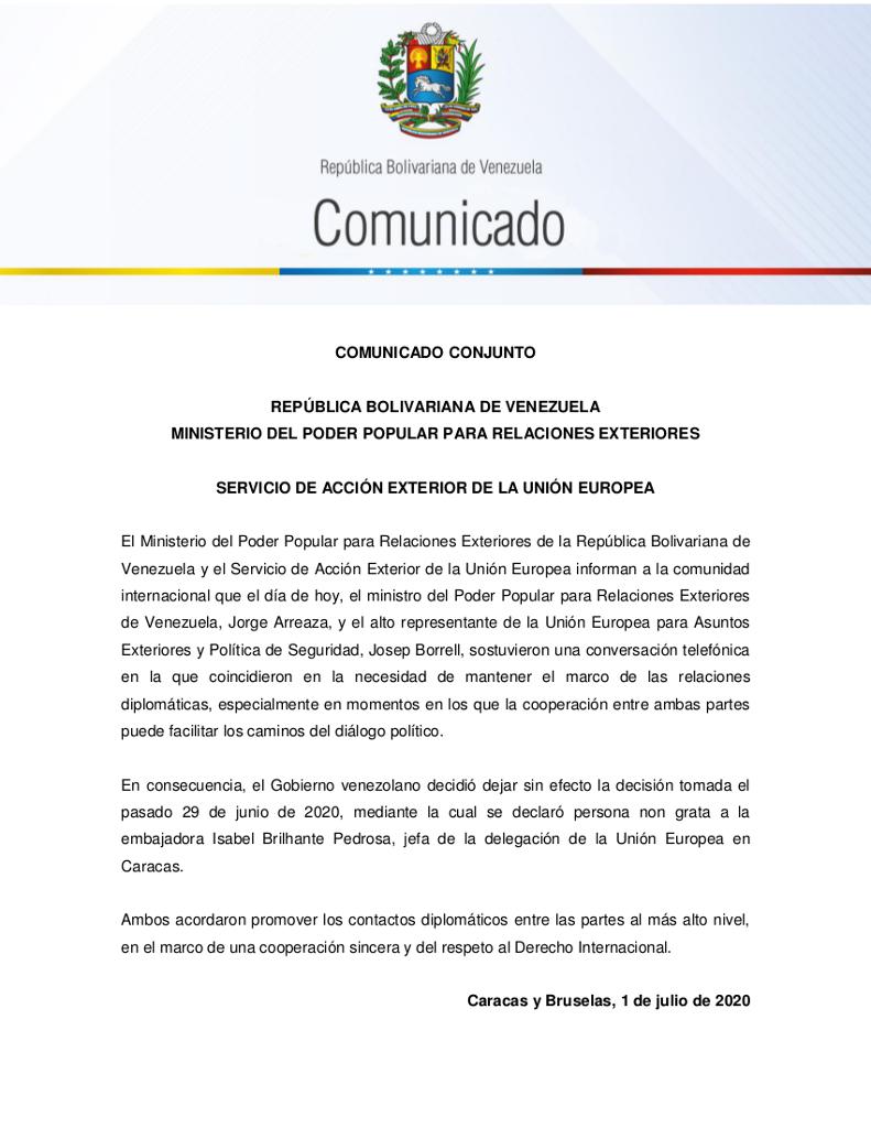 Das gemeinsame Kommuniqué des Außenministeriums von Venezuela und dem Europäischen Auswärtigen Dienst