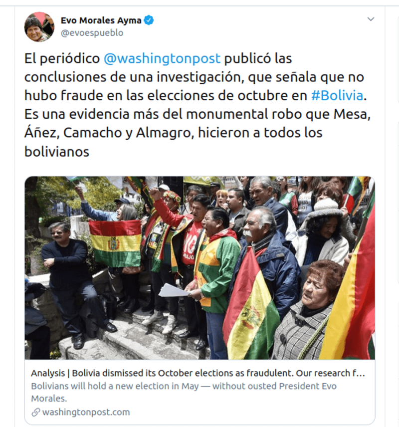 Evo Morales sieht durch die Studie des Massachusetts Institute of Technology bestätigt, dass die Rechtsopposition und die OAS Bolivien seines Wahlsiegs "beraubt" hätten