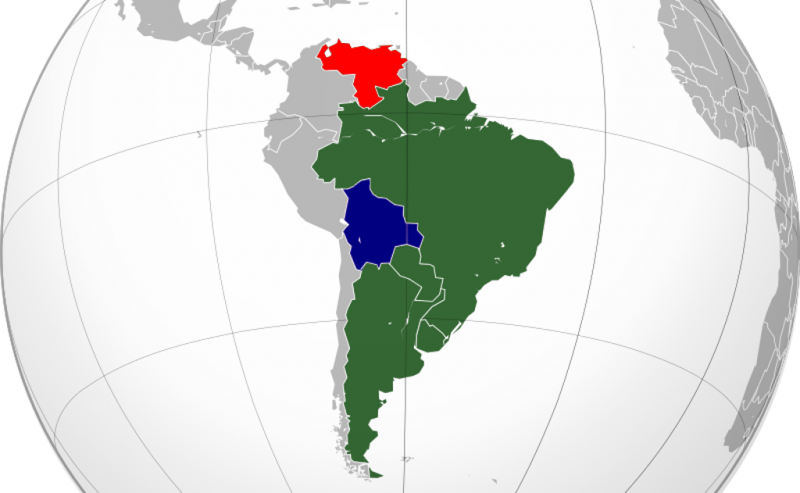 Aktueller Stand der Mitgliedschaften im Mercosur: Brasilien, Argentinien, Paraguay, Uruguay. Venezuela suspendiert und Bolivien mit Anwärterschaft.