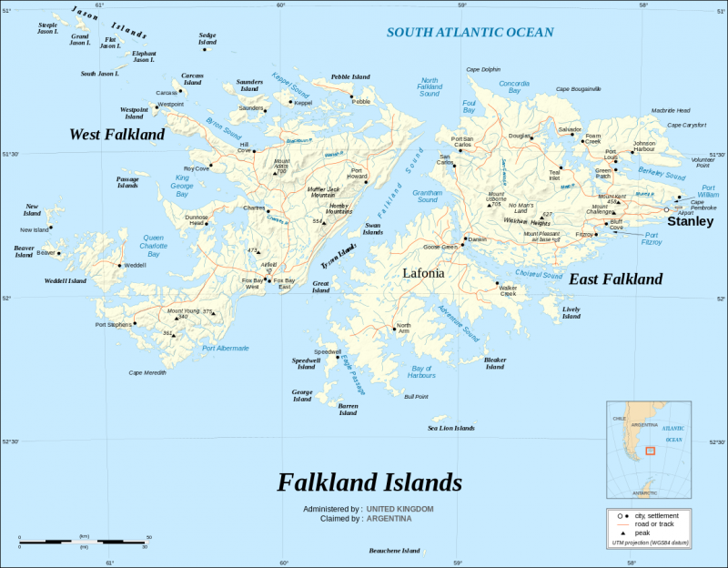 Die Malwinen/Falklandinseln liegen im Südatlantik 395 Kilometer östlich von Südargentinien und Feuerland