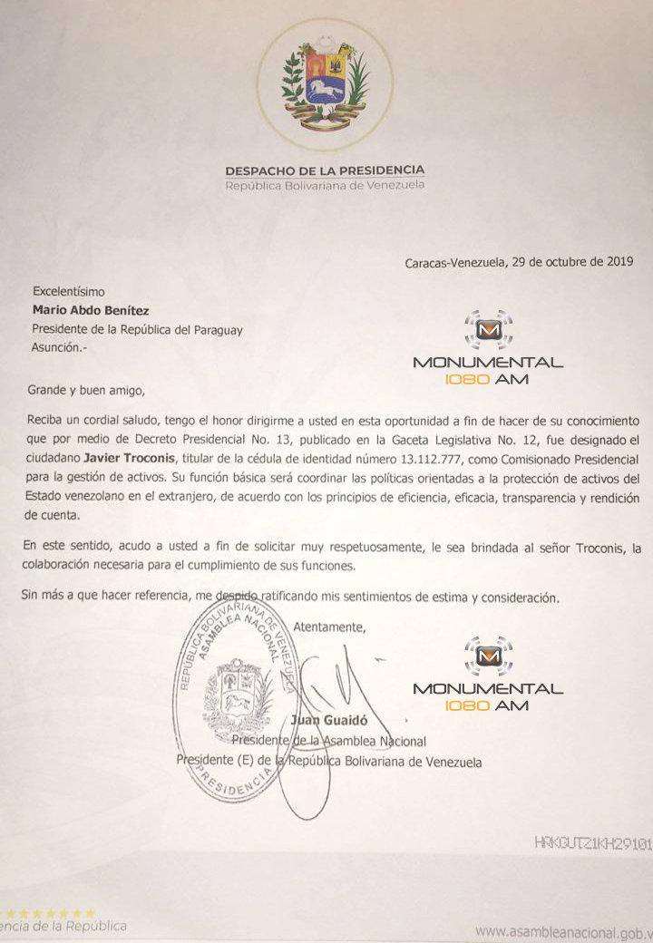 Mit diesem Schreiben soll Guaidó Troconis beim Präsidenten von Paraguay, Abdo Benítez, vorgestellt haben