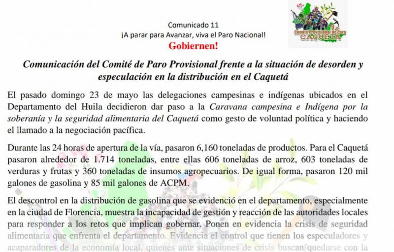Das provisorische Streikkomitee Caquetá äußert sich zur Versorgungslage