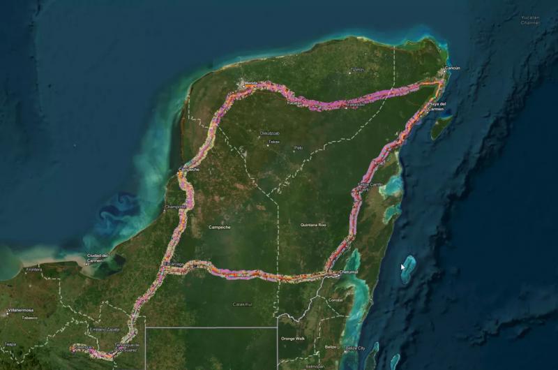Das Satellitenbild zeigt die Entwaldung aufgrund des Baus des Tren Maya (2023)