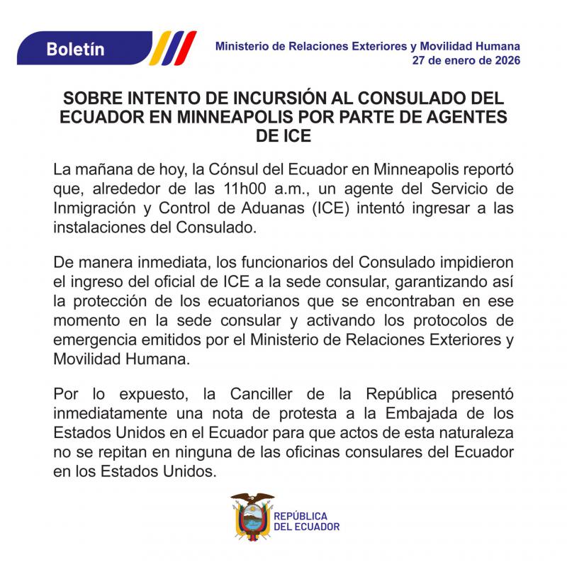 Die Regierung in Ecuador protestiert gegen das versuchte Eindringen in das ecuadorianische Konsulat in Minneapolis