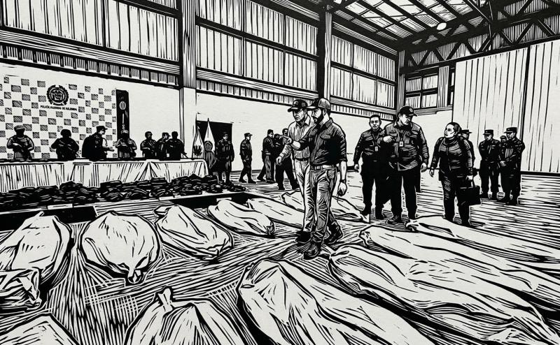 "Das Bild einer Niederlade", Karikatur über den Auftritt von De la Espriella bei den Leichensäcken getöteter Mitglieder bewaffneter Gruppen