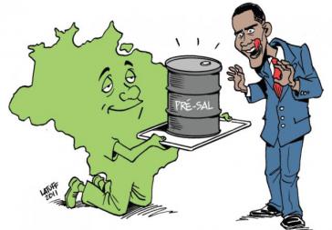 Karikatur zeigt Obama, der versucht, auf das brasilianische Erdöl zuzugreifen