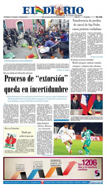 Titelblatt von "El Diario" mit Foto von attackierter Polizeisperre vor Bannmeile an der "Plaza Murillo" in La Paz