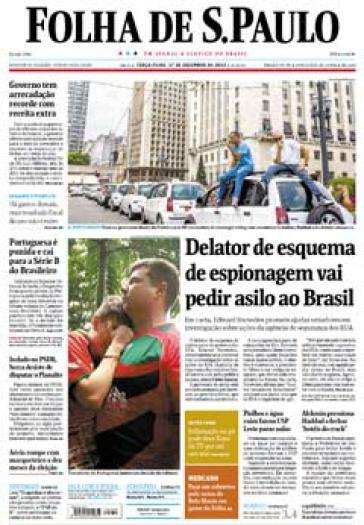 Titelblatt vom Folha de São Paulo: "Enthüller von Spionage wird in Brasilien Asyl beantragen"