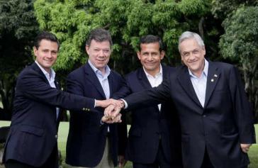 Die Präsidenten der vier Mitgliedsstaaten Enrique Peña Nieto (Mexiko), Juan Manuel Santos (Kolumbien), Ollanta Humala (Peru) und Sebastián Piñera (Chile)