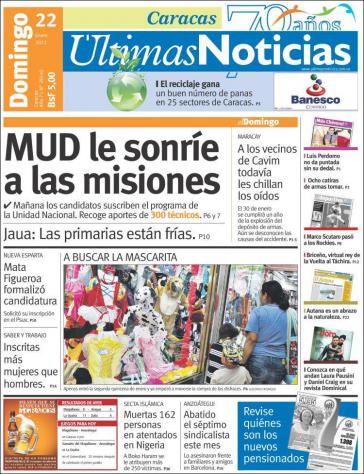 Titelblatt von Ùltimas Noticias: Die Missionen belustigen das Bündnis der Opposition (MUD)