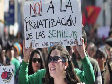 Demonstrantin mit Plakat "Nein zur Privatisierung der Samen"